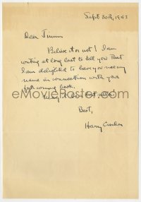 1h180 HARRY CROCKER signed letter 1943 thanking author for including him in his book!