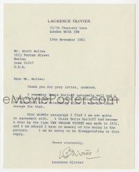 1h184 LAURENCE OLIVIER English signed letter 1981 about working w/ Boris Karloff in Yellow Ticket!