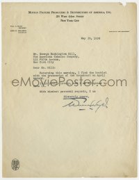 1h192 WILL H. HAYS signed letter 1938 returning a transcript of a tobacco company broadcast!