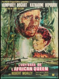 1j480 AFRICAN QUEEN French 1p R1960s colorful montage artwork of Humphrey Bogart & Katharine Hepburn!