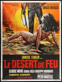 1j597 DESERT OF FIRE French 1p 1972 great art of man standing over woman in bikini covered in cash!