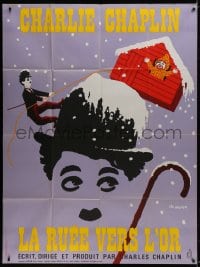 1j689 GOLD RUSH French 1p R1972 Charlie Chaplin classic, great Leo Kouper artwork!