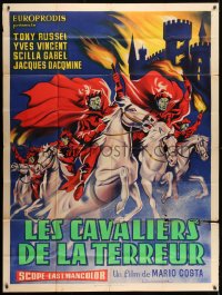 1j748 KNIGHTS OF TERROR French 1p 1963 art of demonic horsemen riding by flaming castle!