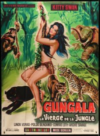 1j975 VIRGIN OF THE JUNGLE French 1p 1967 art of sexy near-naked Kitty Swan swinging on vine!