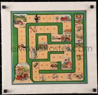 1j199 FRENCH BOARD GAME linen French 13x13 game board 1800s art of car driving to the goal!