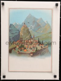 1j207 UNKNOWN FRENCH POSTER linen French 9x13 poster 1900s art of village in the mountains!