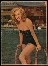 1j107 SUNDAY NEWS magazine August 14, 1949 sexy young Marilyn Monroe in swimsuit by pool, rare!