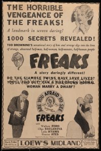 1j096 FREAKS 12x18 newspaper ad 1932 Tod Browning MGM classic, 1,000 secrets revealed!