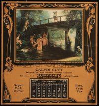 1j312 OLD SWIMMING HOLE Canadian calendar 1939 art of boys skinny-dipping under bridge!