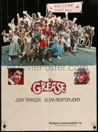 1j182 GREASE promo brochure 1978 John Travolta, Olivia Newton-John, unfolds to 22x30 die-cut poster
