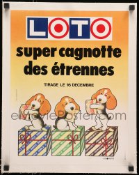 1j195 FRANCAISE DES JEUX linen December 12x16 French lottery poster 1980s art of dogs w/ tickets!