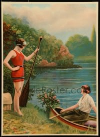 1j218 TWO WOMEN AT LAKE 12x17 litho print 1929 art of woman in swimsuit by woman in canoe!