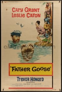 1k330 FATHER GOOSE style Y 40x60 1965 art of pretty Leslie Caron laughing at sea captain Cary Grant!