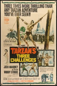 1k421 TARZAN'S THREE CHALLENGES 40x60 1963 Edgar Rice Burroughs, artwork of bound Jock Mahoney!