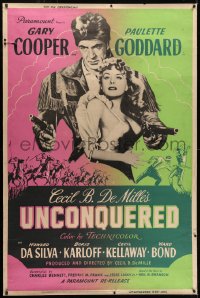 1k431 UNCONQUERED 40x60 R1955 art of Gary Cooper holding Paulette Goddard & two guns!