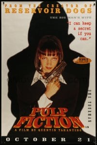 1k293 PULP FICTION advance English 40x60 1994 Quentin Tarantino, portrait of sexy Uma Thurman w/gun!
