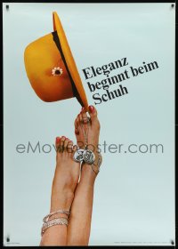 1k134 ELEGANZ BEGINNT BEIM SCHUH 36x51 Swiss advertising poster 1969 image of feet balancing hat!