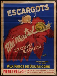 1k105 ESCARGOTS MENETREL 47x63 French advertising poster 1930s art of snail hunted by man w/fork!