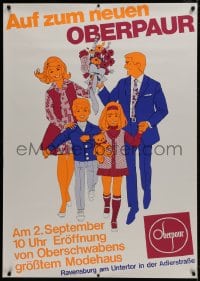 1k197 OBERPAUR 33x47 German advertising poster 1960s art of a happy family on their way to store!