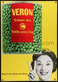1k168 VERON 36x51 Swiss advertising poster 1959 can of peas & gorgeous woman showing victory sign!