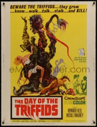 1m062 DAY OF THE TRIFFIDS linen 30x40 1962 classic English sci-fi horror, art of monster with girl!