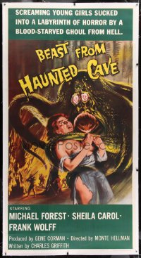 1m009 BEAST FROM HAUNTED CAVE linen 3sh 1959 uncensored art of monster with sexy near-naked victim!