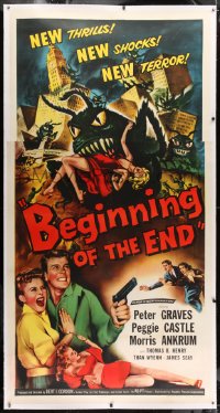 1m010 BEGINNING OF THE END linen 3sh 1957 Peter Graves & Peggie Castle, giant grasshopper sci-fi!