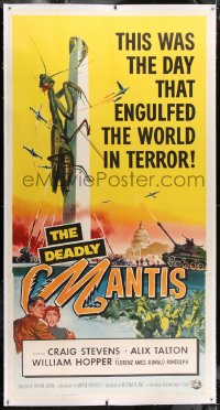 1m011 DEADLY MANTIS linen 3sh 1957 classic art of giant insect on Washington Monument by Ken Sawyer!