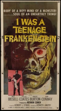 1m157 I WAS A TEENAGE FRANKENSTEIN 3sh 1957 wonderful close up art of monster + holding sexy girl!