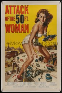 1m067 ATTACK OF THE 50 FT WOMAN linen 1sh 1958 classic Brown art of giant Allison Hayes over highway!