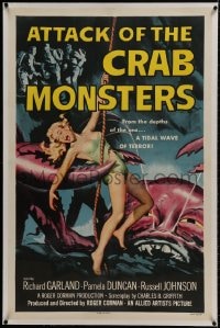 1m068 ATTACK OF THE CRAB MONSTERS linen 1sh 1957 Roger Corman, art of sexy girl attacked by beast!