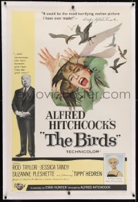 1m071 BIRDS linen 1sh 1963 Alfred Hitchcock shown, Tippi Hedren, classic intense attack artwork!