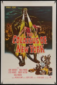 1m076 COLOSSUS OF NEW YORK linen 1sh 1958 great art of robot monster holding sexy girl & attacking!