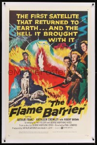 1m086 FLAME BARRIER linen 1sh 1958 the first satellite that returned to Earth brought Hell with it!