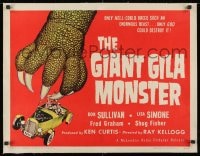 1m051 GIANT GILA MONSTER linen 1/2sh 1959 classic art of monster hand grabbing teens in hot rod!