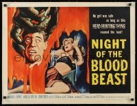 1m056 NIGHT OF THE BLOOD BEAST linen 1/2sh 1958 art of sexy girl & monster hand holding severed head!