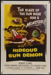 1m099 HIDEOUS SUN DEMON linen 1sh 1959 the blaze of the sun made Robert Clarke a monster, cool art!