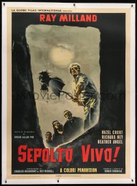 1m006 PREMATURE BURIAL linen Italian 1p 1962 Edgar Allan Poe, Symeoni art of people over grave!