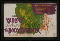 1m026 BODY SNATCHER linen English trade ad 1945 Boris Karloff c/u & robbing body from graveyard!