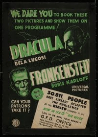 1m029 DRACULA/FRANKENSTEIN linen English trade ad 1940s Boris Karloff & Bela Lugosi classic double-bill!