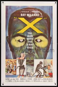 1m136 X: THE MAN WITH THE X-RAY EYES linen 1sh 1963 Ray Milland strips souls & bodies, cool art!