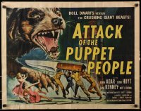 1p055 ATTACK OF THE PUPPET PEOPLE 1/2sh 1958 Brown art of tiny people w/ knife attacking dog!