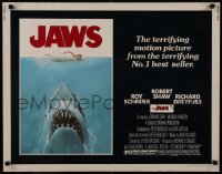 1p069 JAWS 1/2sh 1975 art of Steven Spielberg's classic man-eating shark attacking sexy swimmer!