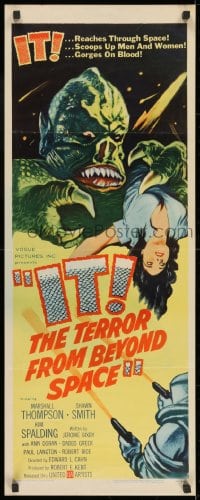1p096 IT! THE TERROR FROM BEYOND SPACE insert 1958 great art of wacky monster with female victim!
