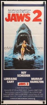 1r004 JAWS 2 Aust daybill 1978 art of giant shark attacking girl on water skis by Lou Feck!