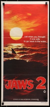 1r005 JAWS 2 teaser Aust daybill 1978 classic art of man-eating shark's fin in red water at sunset!
