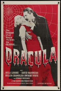 1r448 DRACULA 1sh R1960s great different image of Bela Lugosi with victim by web, Tod Browning!