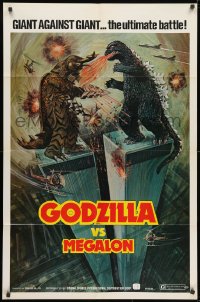 1r477 GODZILLA VS. MEGALON 1sh 1976 Gojira tai Megaro, art of monsters battling on Twin Towers!