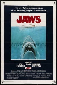 1r496 JAWS int'l 1sh 1975 art of Spielberg's classic man-eating shark attacking sexy swimmer!