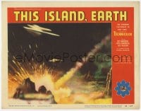 1r216 THIS ISLAND EARTH LC #3 1955 cool image of two alien spaceships attacking Earth with rays!